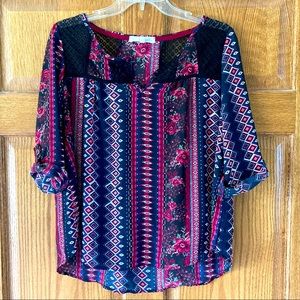 Rewind Semi-Sheer Bold Pattern 3/4 Sleeve Top M